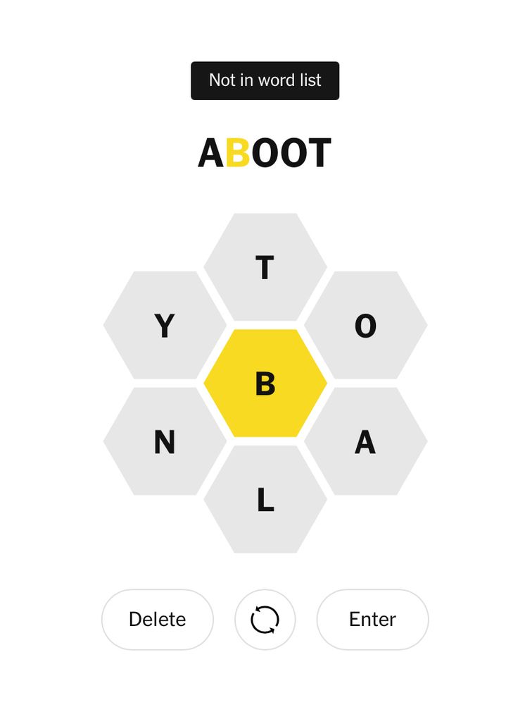 Picture of New York Times’ Spelling Bee rejecting “aboot” as a word.
