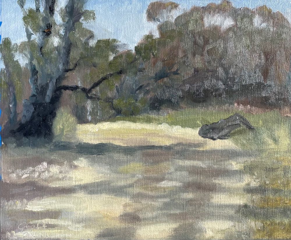 Painting of a dirt road turning left in the Australian bush landscape.