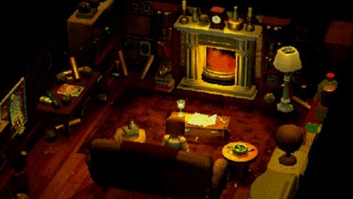 a computer generated image of a living room with a fireplace and a couch