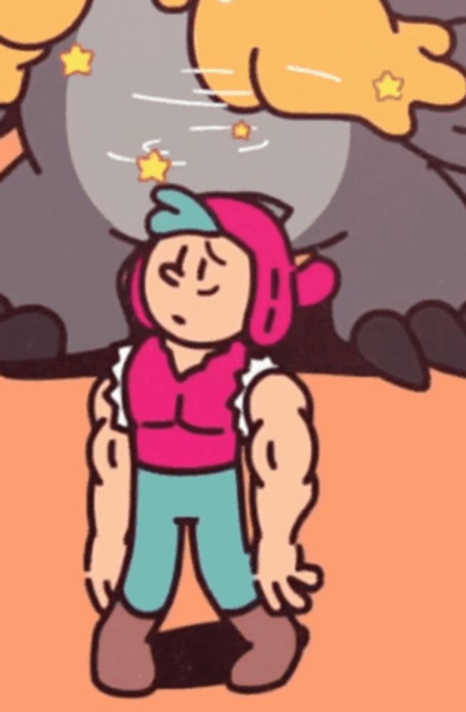 a cartoon drawing of a person with muscles standing in front of a large animal