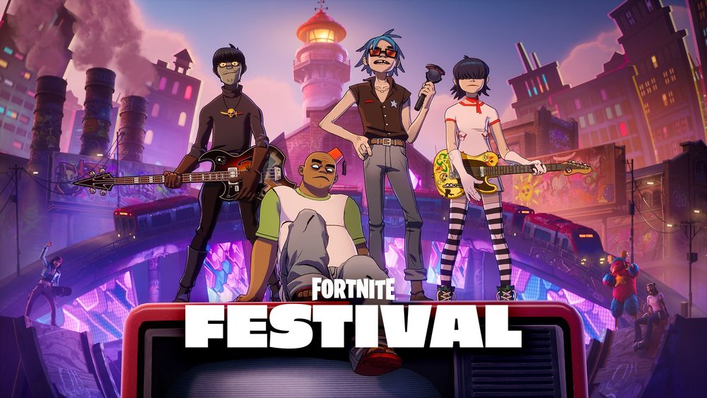 Poster de la temporada 10 de Fortnite Festival, con los avatares del grupo "Gorillaz" encima de un televisor.