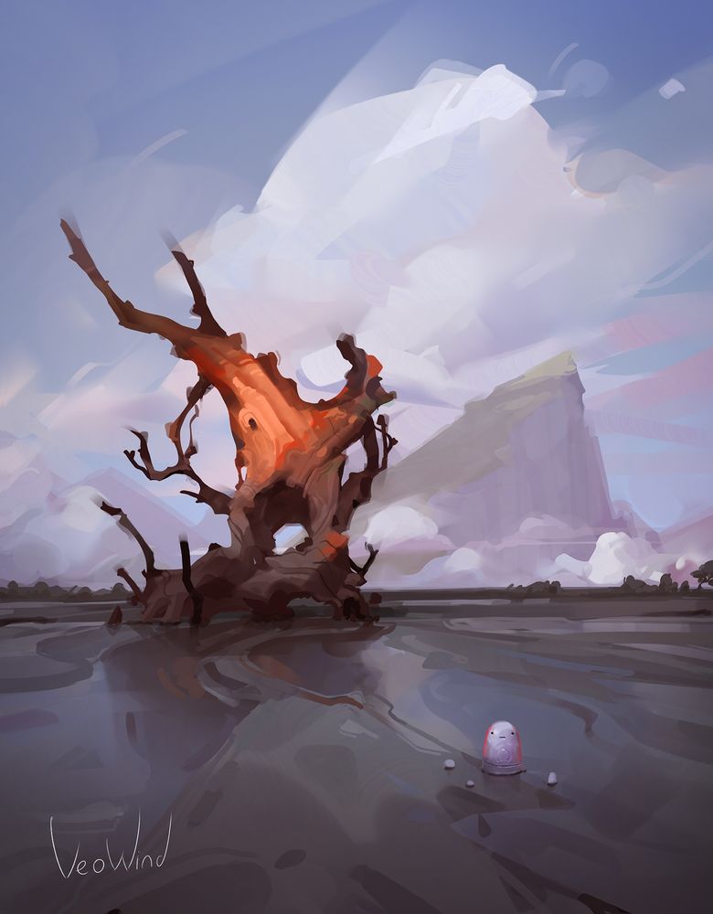 Vertical landscape art. A large dead tree in the distance, named George, illuminated by the sunset. In the foreground is a small stone-like creature named Mike. Dynamic clouds on the background are reflected on the wet sand.

#artshare #landscape #burnout #clouds #beach #sunset