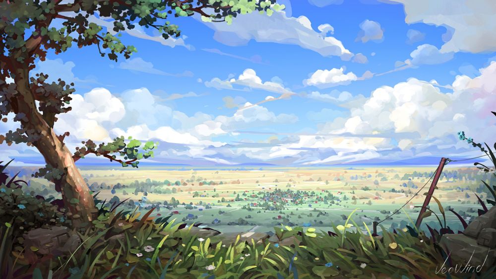 Background for a visual novel. A midday landscape view from a mountain peak, overlooking a village and vast fields. On the left side of the composition, an apple tree leans over the cliff edge, while above stretches a deep blue sky crowded with clouds.