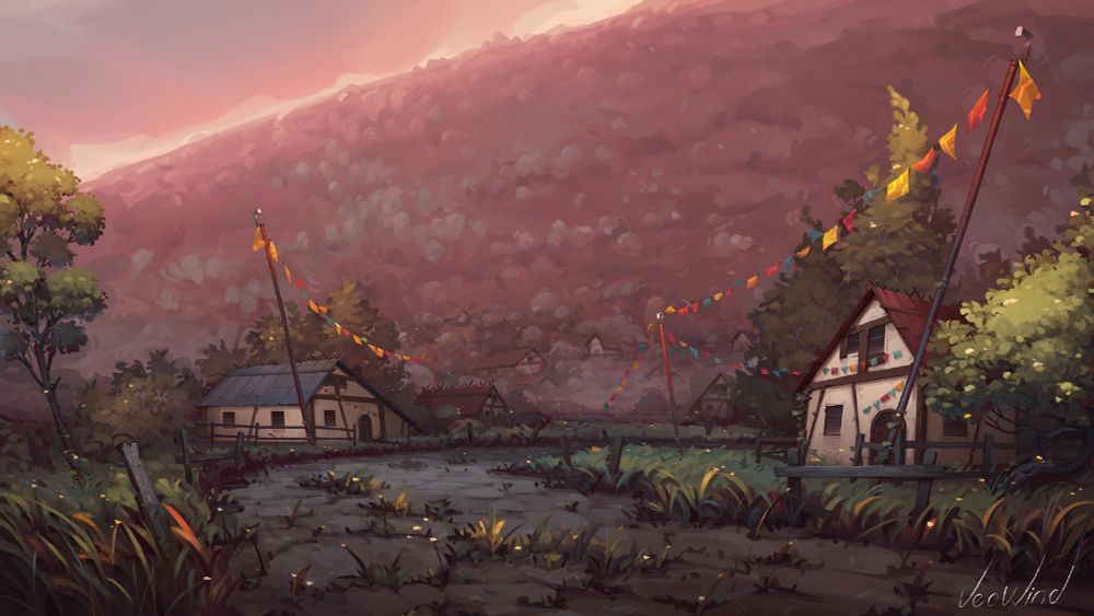 Background for a visual novel. A sunset village scene with crooked little houses awkwardly decorated with carnival streamers. Behind them looms a massive mountain, the last evening sun rays peeking over its edge.

#artshare