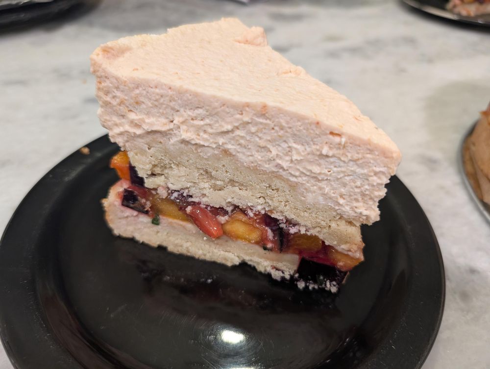 Slice of the cake giving a full cross-sectioned view of the thing, cream and fruit and all! The cake looks a little thick in spots on top but mostly dense, it just didn't rise enough.