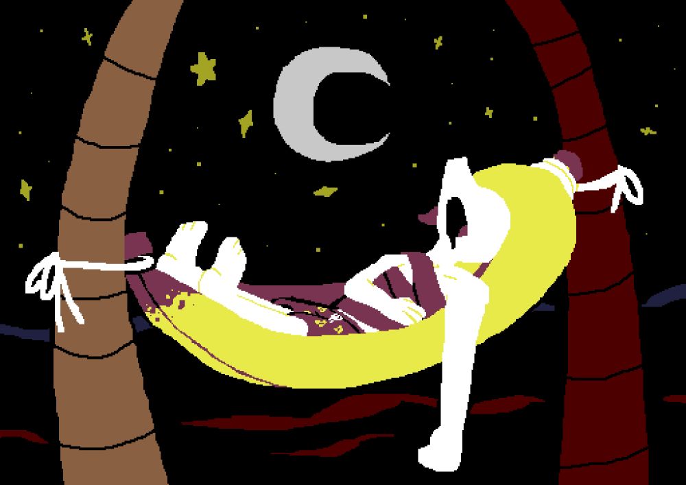 Michelle sleeping in a hammock of her own hair.