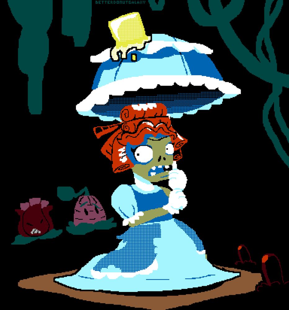 Parasol zombie sitting on a gold tile in lost city, holding her umbrella as usual. AKEE and Kernel Pult are frustrated as they cannot damage her due to her umbrella.