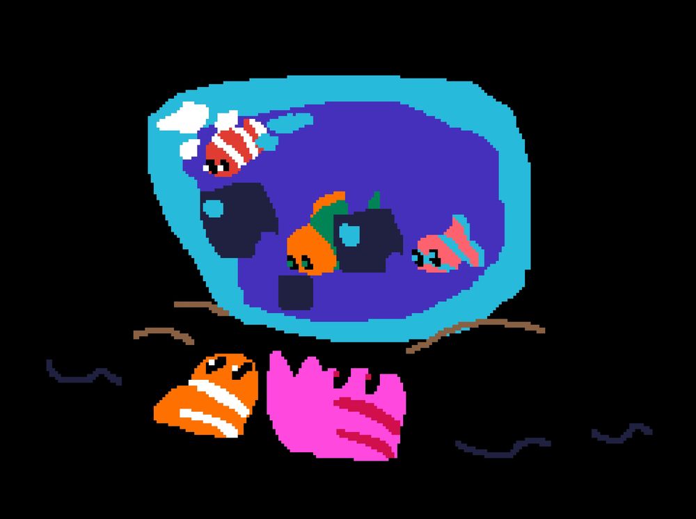 The Tropical Slime from Minecraft Earth, a blue slime with tropical fish in it. The slime is looking at tropical fish in the water, along with the tropical fish inside the slime.