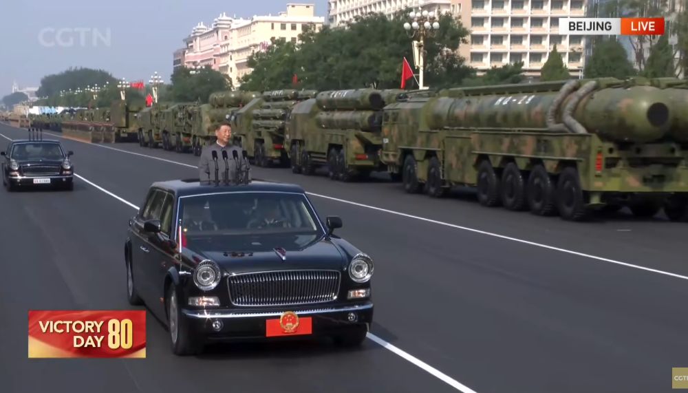 Screen grab from the live feed of the September 3, 2025 military parade in Beijing from here: 