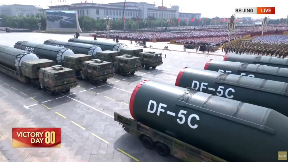 Screen grab from the live feed of the Sptember 3, 2025 military parade in Beijing from here: https://www.youtube.com/watch?v=hsYpf7_E1KY