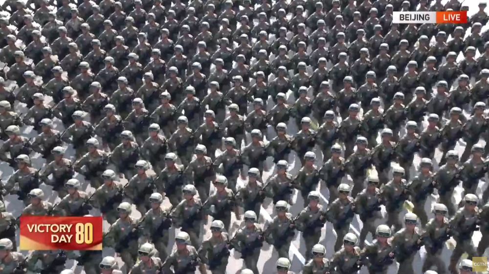 Screen grab from the live feed of the Sptember 3, 2025 military parade in Beijing from here: https://www.youtube.com/watch?v=hsYpf7_E1KY