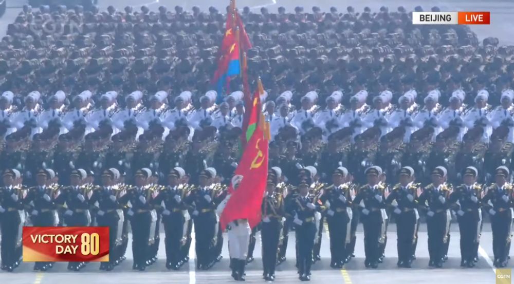 Screen grab from the live feed of the Sptember 3, 2025 military parade in Beijing from here: https://www.youtube.com/watch?v=hsYpf7_E1KY