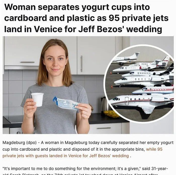 Woman seperates yogurt cupts into cardboard and plastic as 95 private jets and in Venice for Bezos wedding