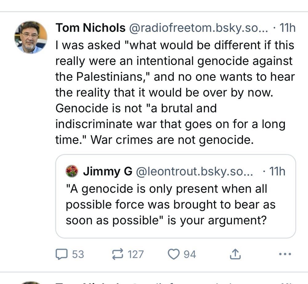 Tom Nichols skeet denying the genocide of Palestinians