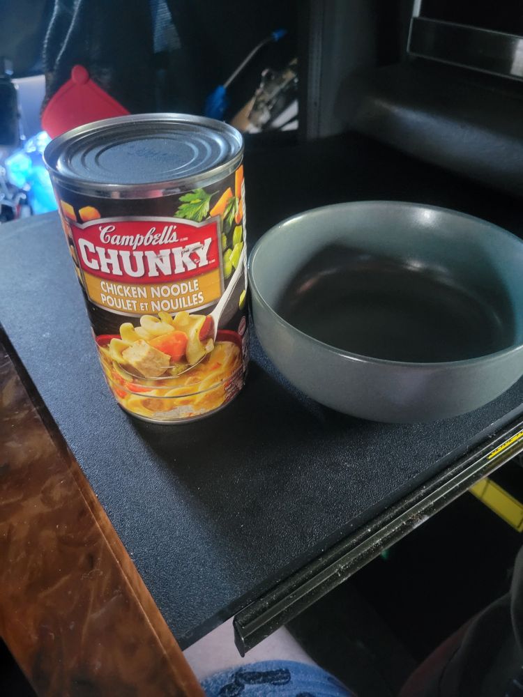 I'll beat up can of Campbell's chunky chicken noodle soup next to a bowl