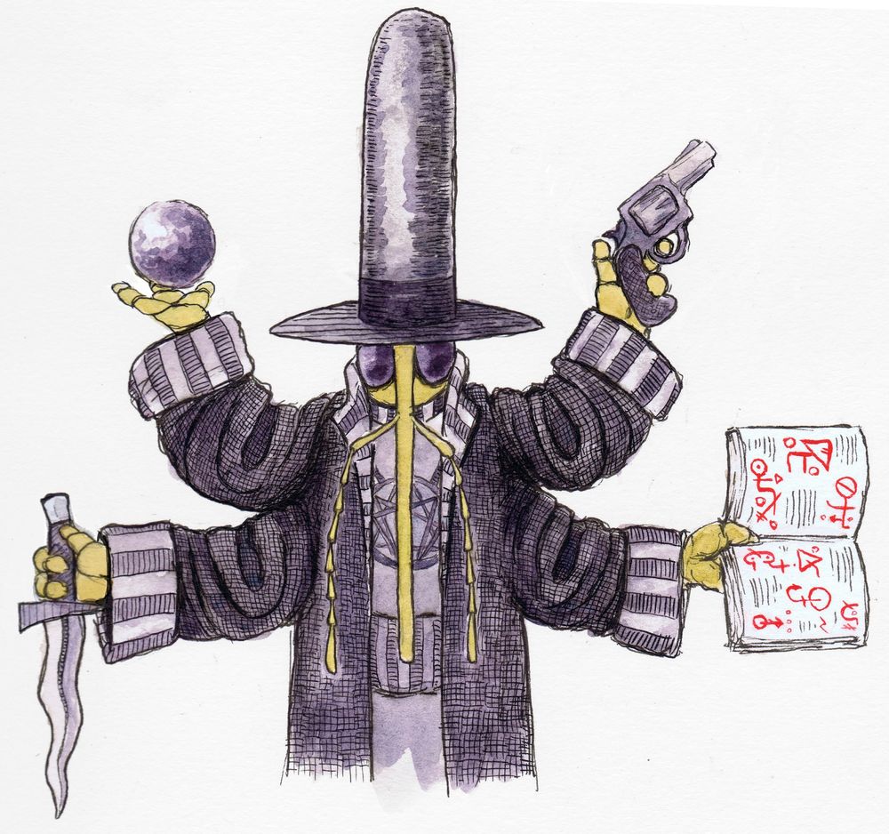 a weevil wizard displaying its magical implements. a gun can be a magical implement if you believe hard enough