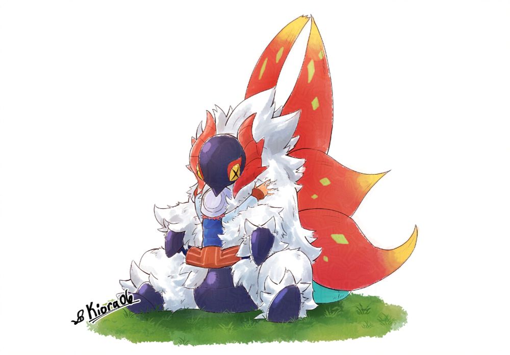 The Pokemon Slither Wing sitting on grass while its trainer (My OC) is smothering him with a hug.