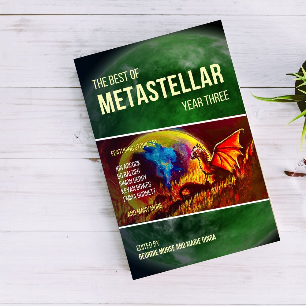 Cover of the anthology "The Best of MetaStellar - Year Three," with a dragon and the moon.