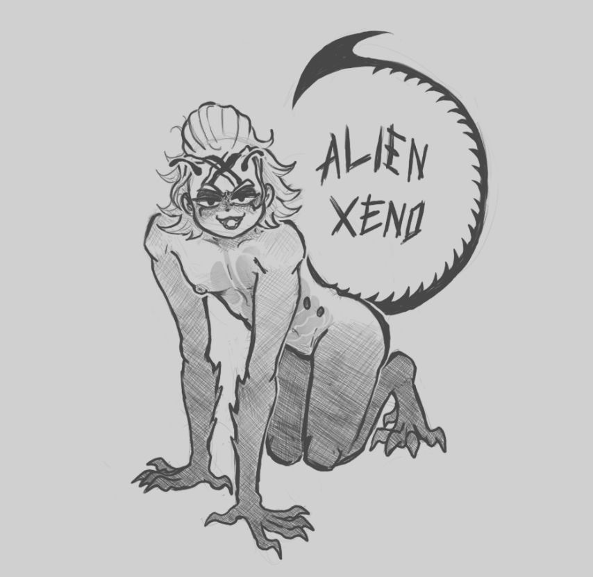 A greyscale digital sketch of Xeno from Dr Stone as an alien. He is sitting on his knees with his hands on the ground, looking up at the viewer. He has a spiky black tail curled around the words "ALIEN XENO" in a scratchy font. This design gives Xeno spiked arms, dark claws on his hands and feed, short black antennae, and translucent skin which slightly shows his organs inside.