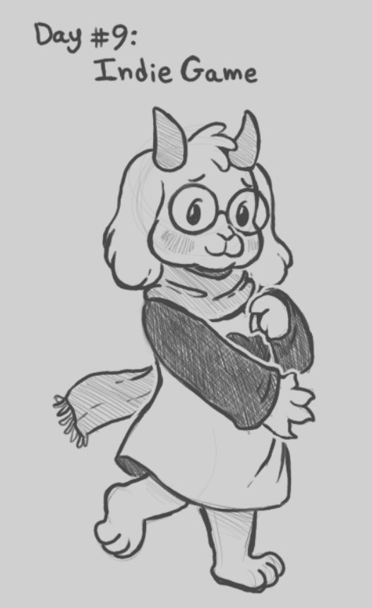 A digital greyscale sketch for the prompt "Indie Game." Ralsei from Deltarune, not wearing his hat, stands cutely with one leg raised.