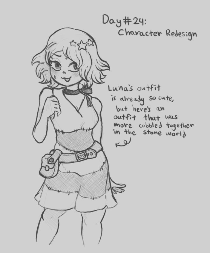 A greyscale digital sketch for the prompt "character redesign." Luna Wright from Dr Stone is redrawn wearing a choker tied into a bow, with a pouch around her waist and a dress with more visible seams and less skin showing. Text pointing to the drawing says "Luna's outfit is already so cute, but here's an outfit that was more cobbled together in the stone world."