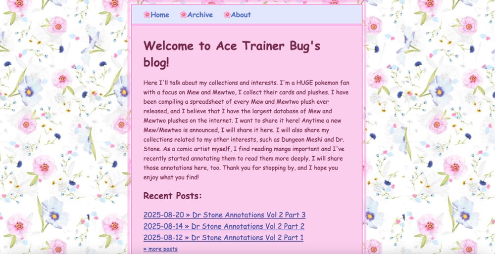 A screenshot of the home page of Bug's neocities blog.