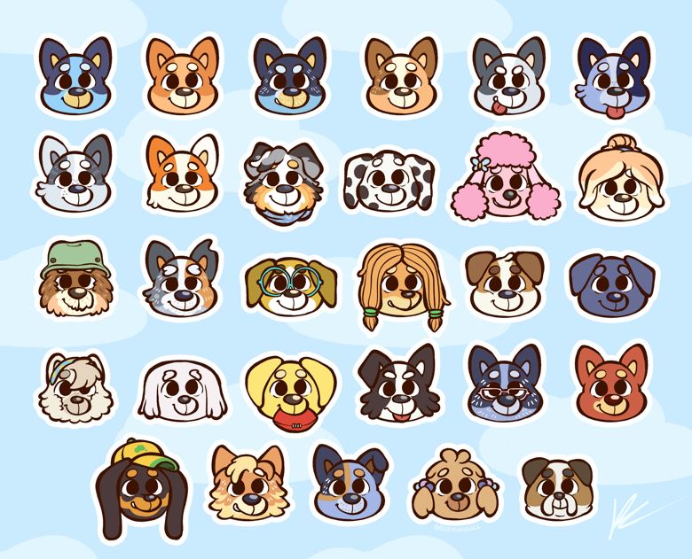 An image showing what 29 stickers look like, set to a blue background with light blue clouds. All 29 are of various Bluey characters. All have a white border, and all characters look straight forward at the viewer with a smile. The characters are, in order: Bluey, Bingo, Bandit, Chili, Muffin, Socks, Trixie, Brandy, Calypso, Chloe, Coco, Frisky, Grandad, Grandpa Bob, Honey, Indy, Jack, Jean-Luc, Judo, Lila, Lucky, Mackenzie, Nana, Rusty, Snickers, Rad, Stripe, Missy, and Winton.