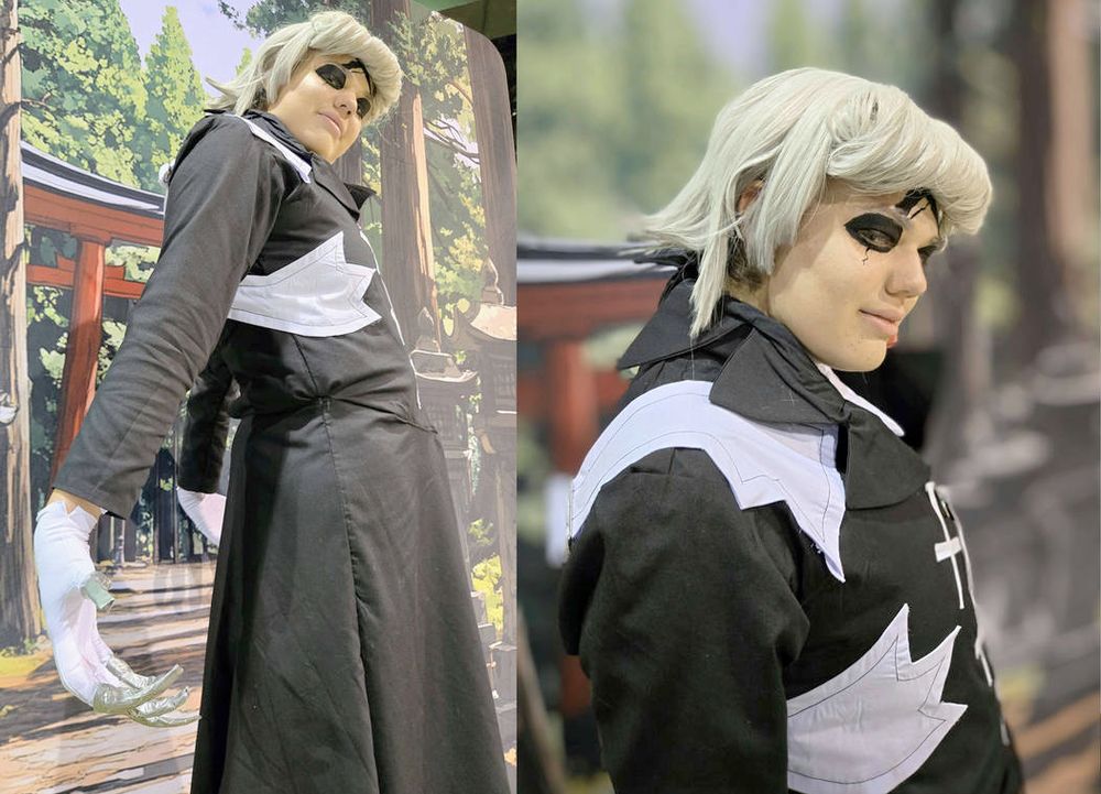 Two photos of the artist cosplaying as Dr. Xeno from Dr. Stone. The first is from a lower angle, with him looking down at the viewer and his arms behind him, fingers/claws curled forward. He has a slight smile on his face. The second is a profile shot of him side-eyeing the viewer, once again with a slight smile.