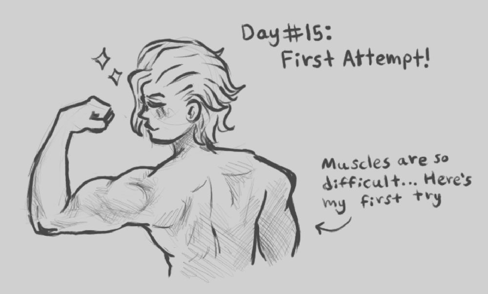 A digital greyscale sketch for the prompt "First Attempt." Stanley Snyder from Dr Stone stands shirtless with his back facing the viewer, flexing his right arm and smiling. Text pointing to the artwork says "muscles are so difficult... here's my first try."