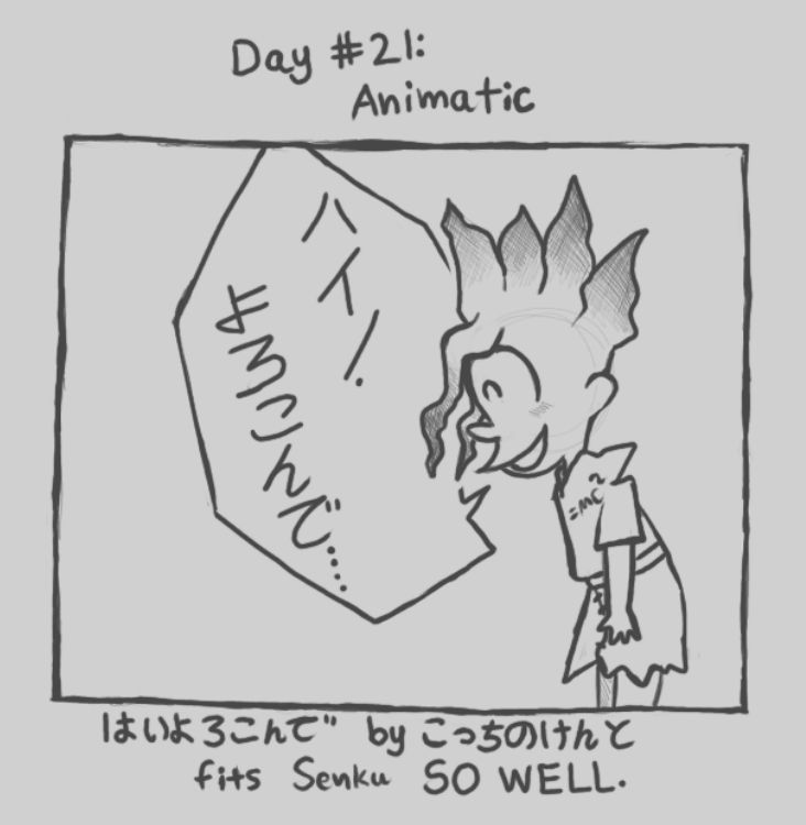 A greyscale digital sketch for the prompt "animatic." Senku Ishigami from Dr Stone is redrawn as a frame from the music video "Haiyorokonde" by Kocchinokento.