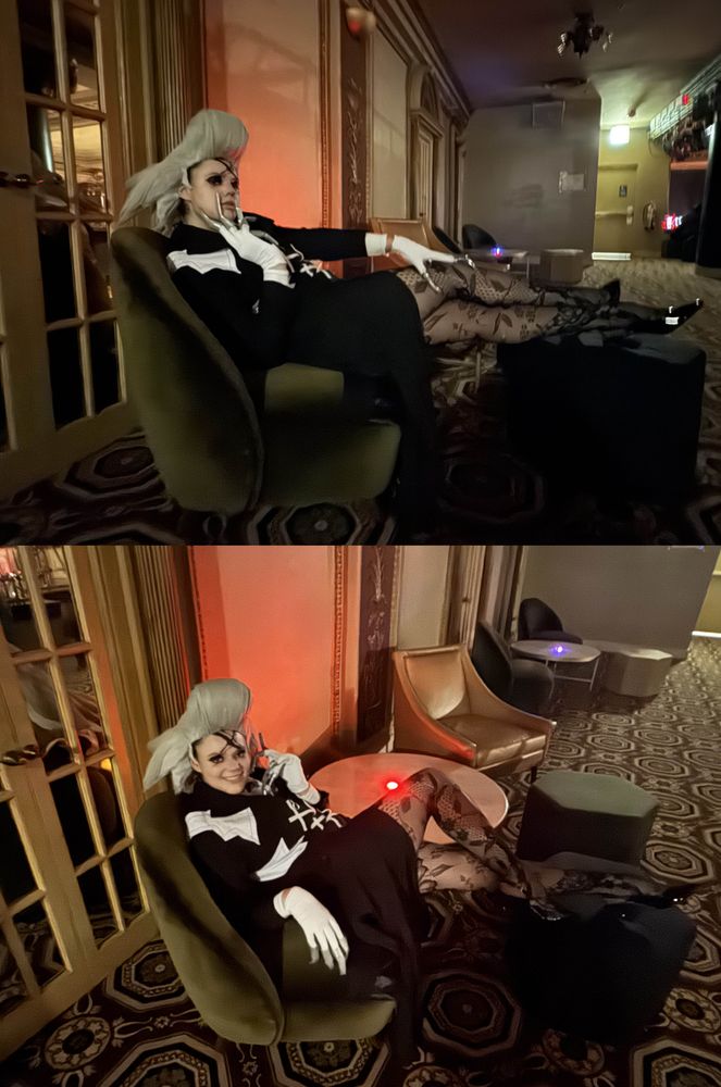 Two photos of the artist dressed in the same cosplay of Dr Xeno from Dr Stone. In the top photo, he is sitting in a chair with a clawed hand resting on his chin and the other on his legs, which are outstretched and crossed on a footrest. The bottom photo is from a higher angle, where the artist is smiling at the camera and now has one leg bent.