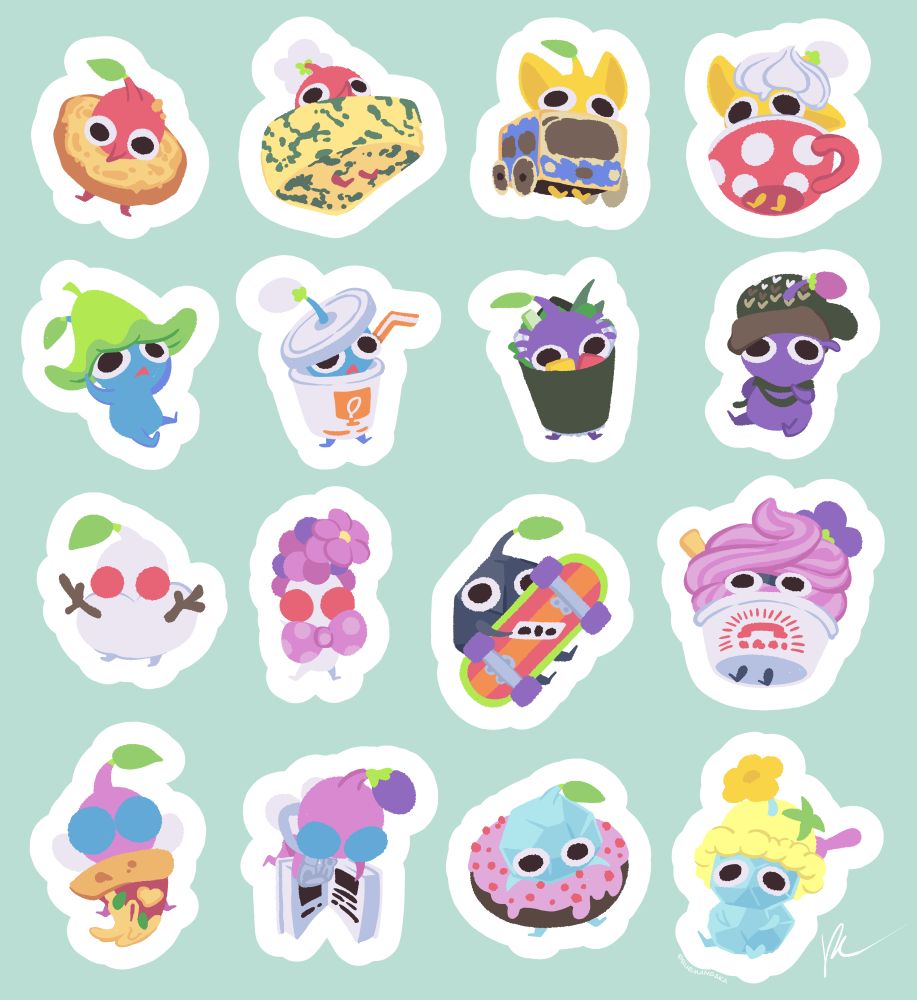 Digital art in a lineless, chibi style of decor pikmin against a light aqua background. In order, there is: a red leaf pikmin wearing garlic bread, a red flower pikmin wearing cheese, a yellow leaf pikmin wearing a cardboard car, a yellow bud pikmin in a mug, a blue leaf pikmin in a leaf hat, a blue bud pikmin in a soft drink cup, a purple leaf pikmin in a poke burrito, a purple bud pikmin wearing a mitten hat, a white leaf pikmin as a snowman, a white flower pikmin wearing grapes and a tie, a rock leaf pikmin holding a toy skateboard, a rock flower pikmin in a froyo cup, a winged leaf pikmin holding pizza, a winged bud pikmin holding a storybook, an ice leaf pikmin wearing a donut, and an ice flower pikmin wearing a scoop of ice cream.