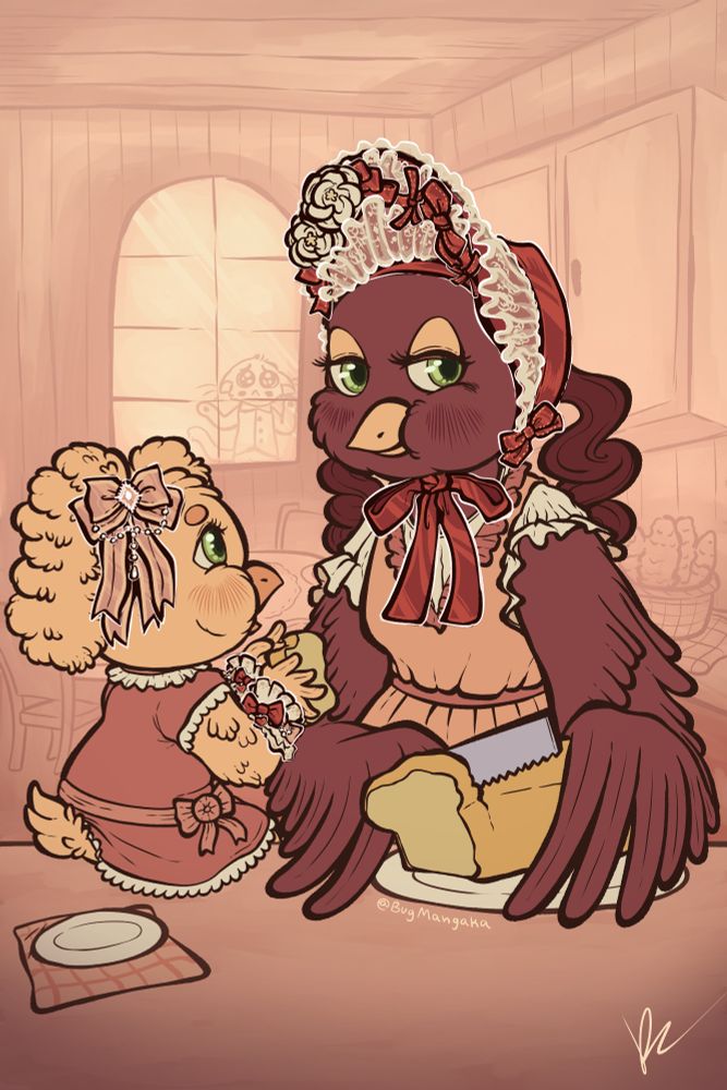 A digital illustration of a motherly red hen wearing a red lolita-style bonnet cutting cornbread, looking at the viewer. Her chick sits on the counter eating cornbread beside her, wearing pigtails adorned with lolita-style bows and lacey wrist-cuffs. In the background, a cat sadly peers through the window pressed up against the glass.