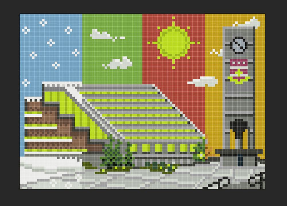 Pixel art design of QEII library and clock tower