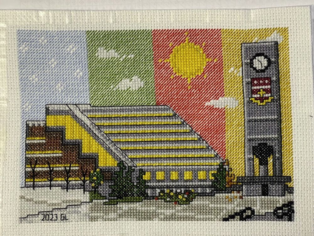 Finished crossstitch of QEII Library and clock tower
