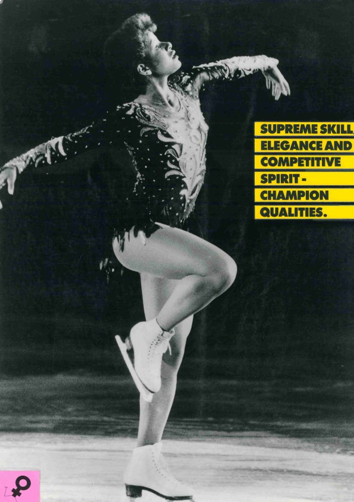 black and white photo of girl ice-skating on one leg with arms outstretched. Caption reads 'Supreme skill elegance and competitive spirit - champion qualities. 