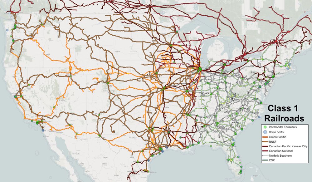 Map of Class 1 railroads in the United States. Source: https://en.wikipedia.org/wiki/List_of_U.S._Class_I_railroads#/media/File:US_railway_map.webp