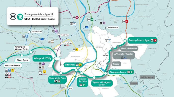 The alignment of the proposed Paris Metro Line 18 extension from Orly airport to Boissy-Saint-Léger.