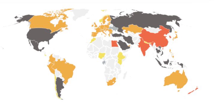 Map showing global climate action status by country.  Gray is the worst ranking, critically insufficient. 
