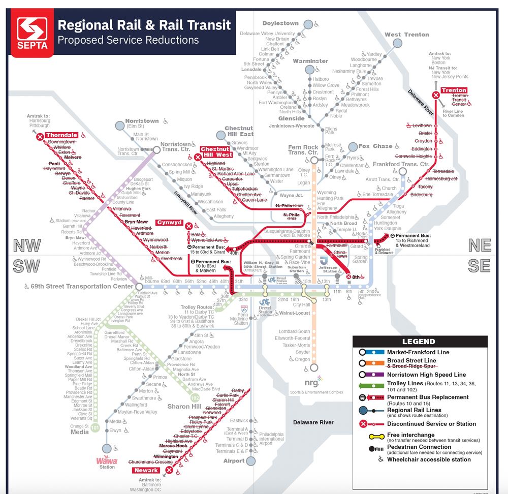 SEPTA's proposed regional rail service cuts if the agency does not receive additional funds. Source: https://wwww.septa.org/wp-content/uploads/page/communication/SEPTA-RegionRailTransit_ServiceCutMap_00-PACKAGE.pdf