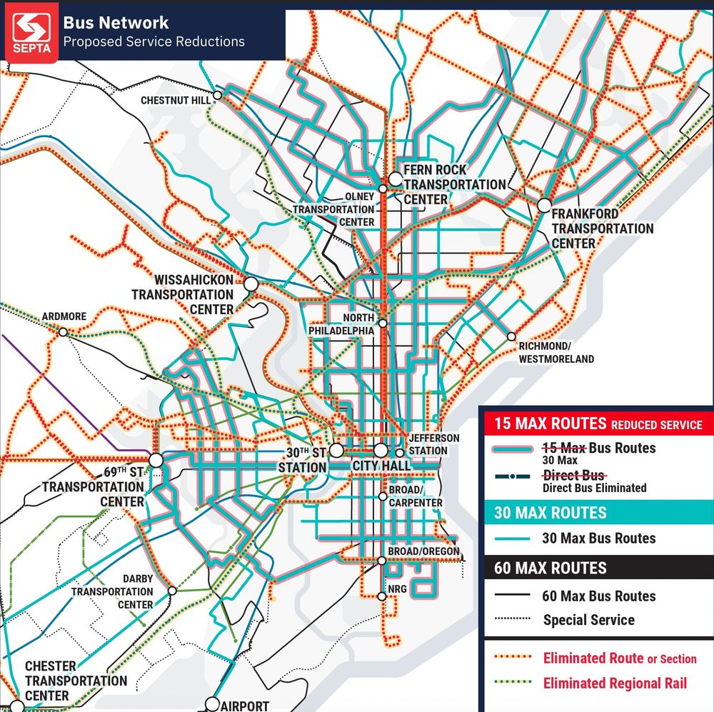 SEPTA's proposed bus service cuts if the agency does not receive additional funds. Source: https://wwww.septa.org/wp-content/uploads/page/communication/SEPTA-Bus-PhiladelphiaMap_01-PACKAGE.pdf
