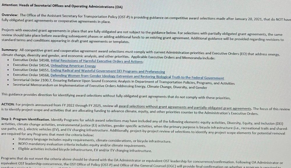 Screenshot of email from Office of the Assistant Secretary for Transportation Policy to Heads of Secretarial Offices and Operating Administrations.