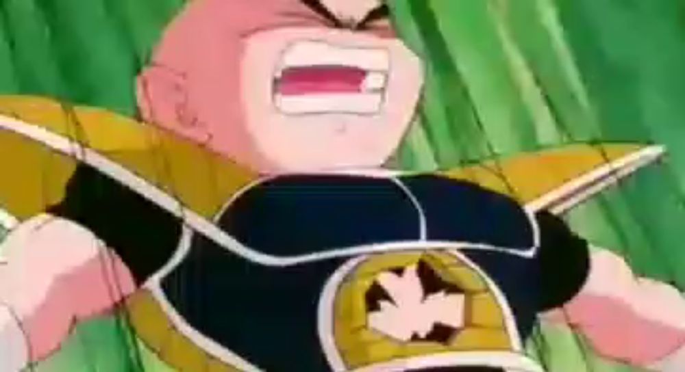 a cartoon character is laying down with his mouth open and a leaf on his chest .