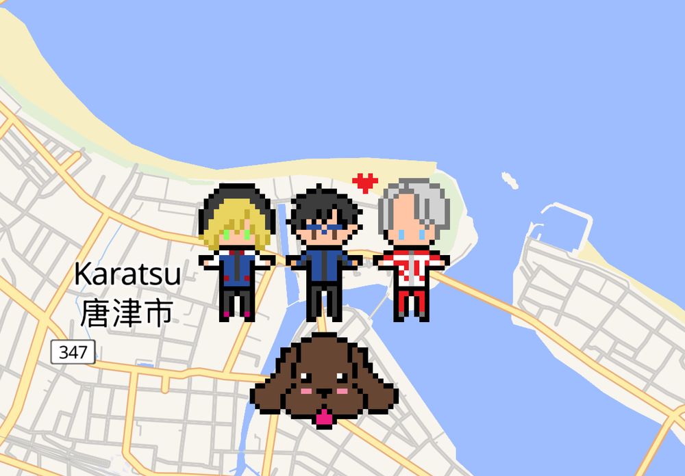 from a website where people can collaboratively draw on a map, a map of Karatsu Japan, with the main characters of Yuri on Ice  in pixel/chibi form drawn on