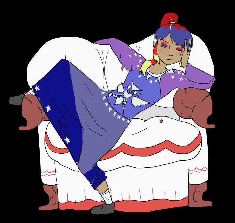 Delila is wearing a more purple robe here, and is laying back against a massive chair.