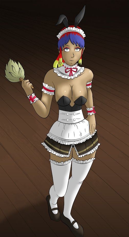 Delila is wearing a very skimpy maid dress with white stockings, white headdress, and bunny ears, and is carrying a feather duster.