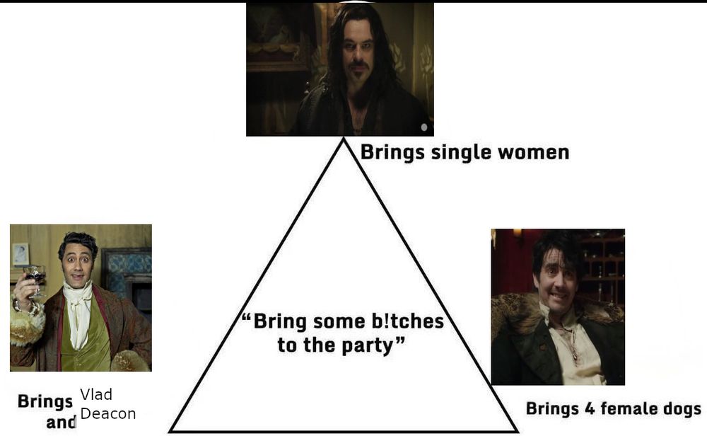 Triangle meme showing writing in the middle with the request of "Bring some bitches to the party" 
There is a picture of Vlad from what we do in the shadows at the top titled brings single women
A picture to the right of Deacon titled brings 4 female dogs 
And to the left a picture of Viago titled Brings Vlad and Deacon