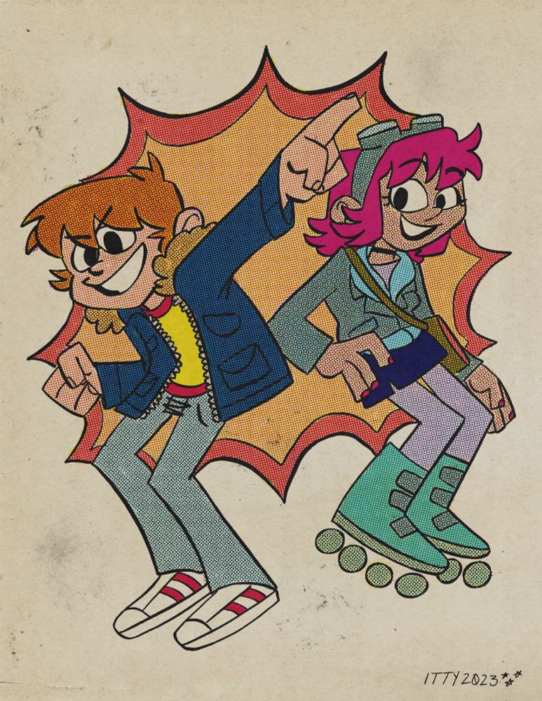 a half tone drawing of Scott Pilgrim and Ramona Flowers, knees bent and ready for action. Scott is wearing a parka and jeans, and Ramona is wearing a skirt, hoodie, roller skates and goggles