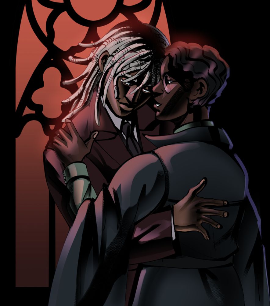 An art piece depicting two characters Mo and Adanna. Adanna is a black woman with finger waves hairstyle, she's wearing round glasses and is dressed in a coat with sleeves with slits. Mo is a black masculine lesbian with grey middle-length locs and grey eyes, they're dressed in a suit. They're standing in front of a gothic window in a sort of embrace.