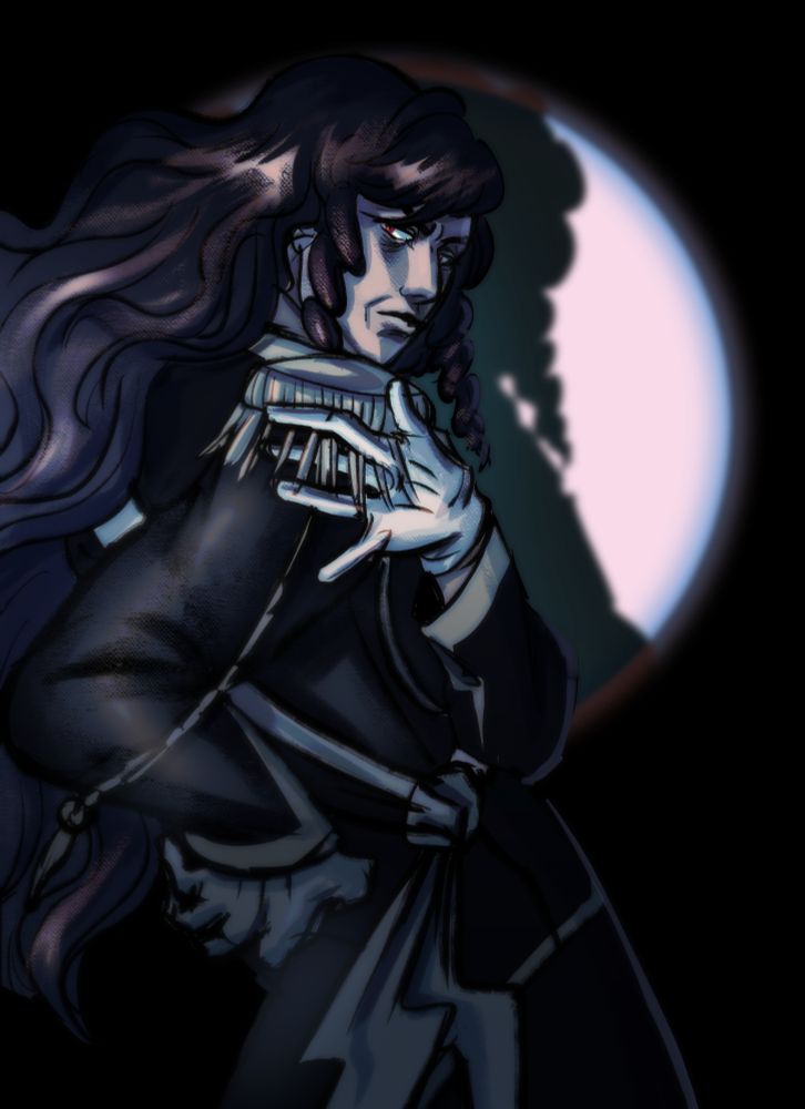 A half-body portrait of Araceli who's semi-turned away from viewer and glances back us over her shoulder. There's a spotlight on her. Araceli is a middle-aged woman in a dark monochrome full dress uniform, she has long dark curly hair. 